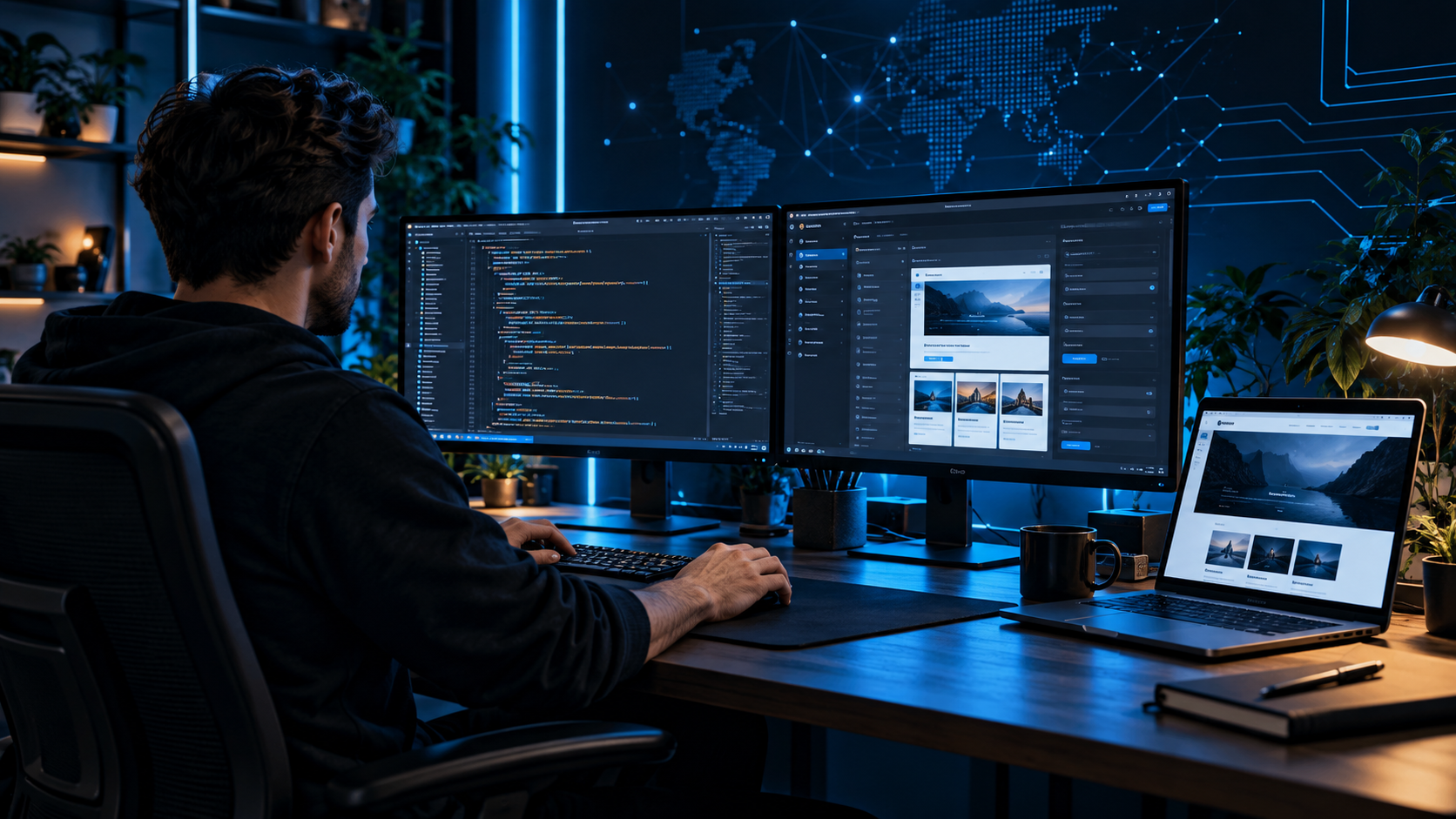 Developer working on code and website layouts in a blue-lit workspace