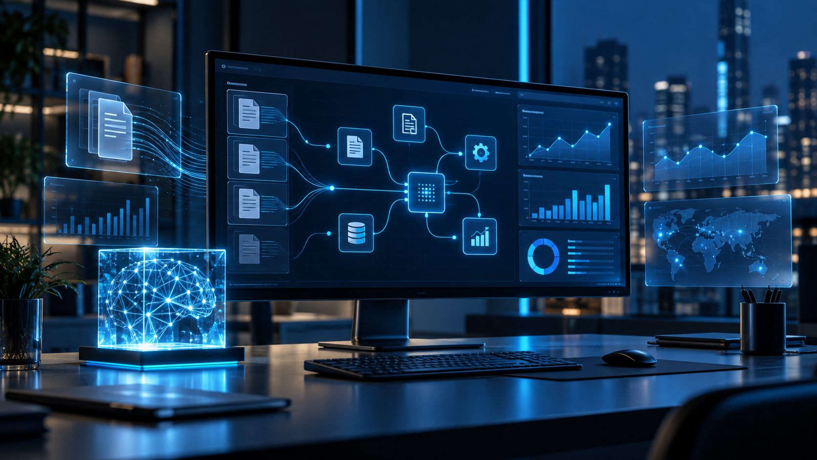 Conceptual AI automation workspace with connected documents and analytics