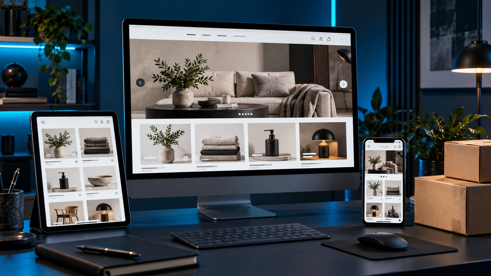 Online store displayed across a desktop monitor, tablet and smartphone