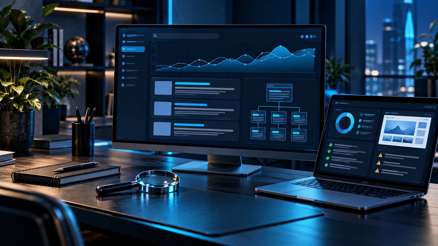 Illustrative search analytics and website audit workspace