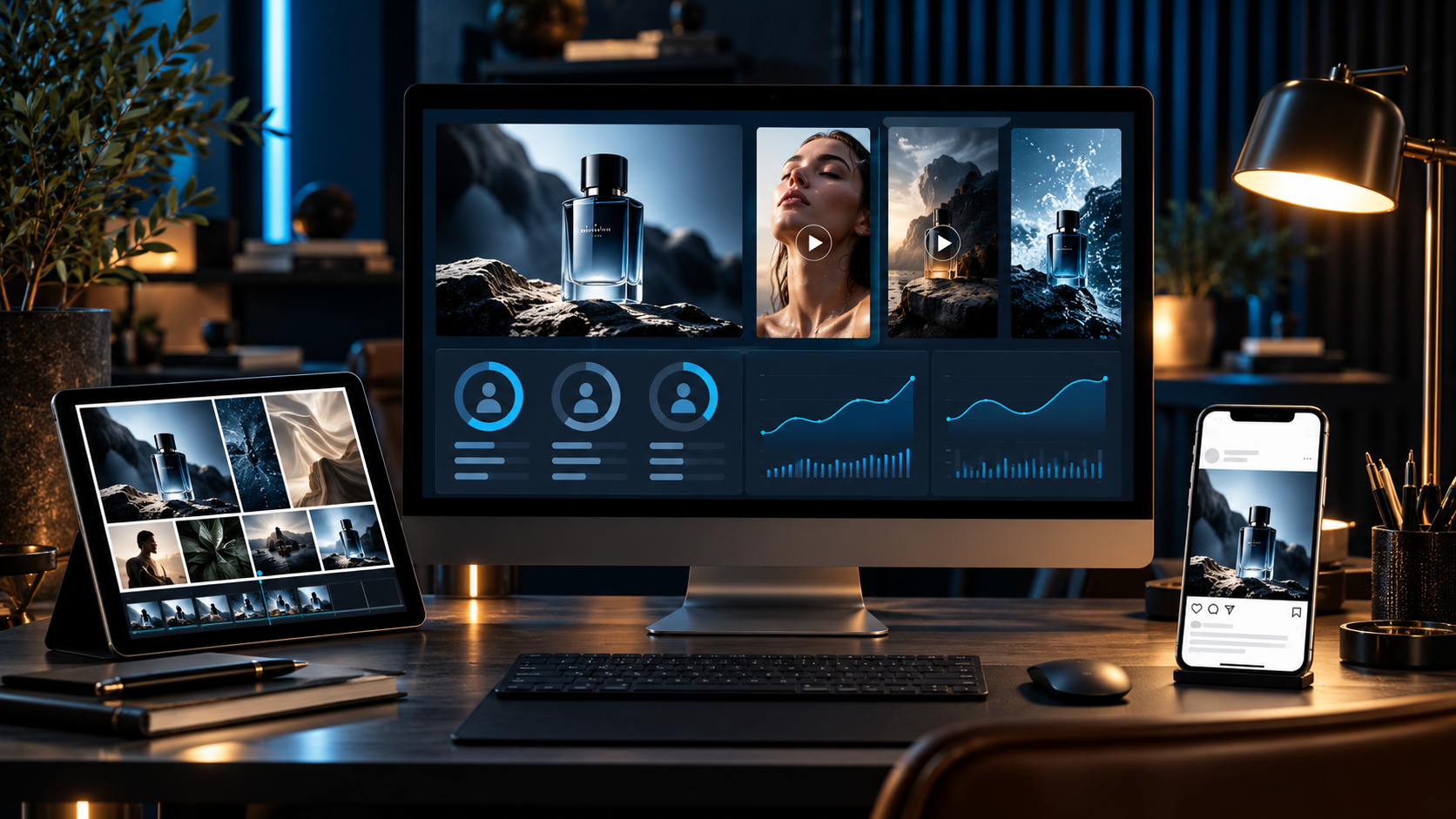 Illustrative social advertising workspace with ad creatives on desktop, tablet and smartphone
