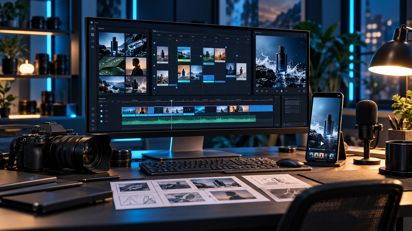 Video marketing production workspace with camera, editing monitor and mobile video preview