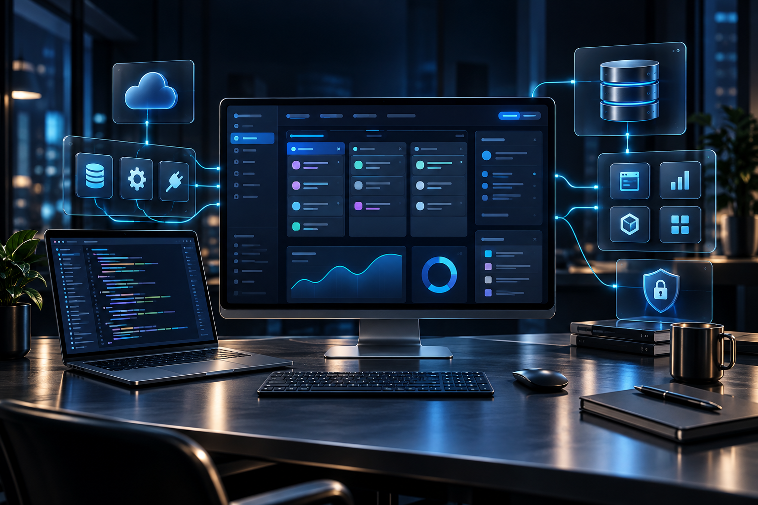Custom business software dashboard with connected database, cloud and application modules